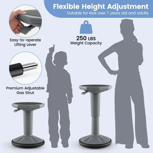 Alt view image 7 of 7 - Wobble Stools for Classroom Seating - Wiggle Stool with Adjustable Height, 24" Active Learning Stool, Sitting Balance Chair for School, Office Stand Up, Flexible Seating Wobble Chair, Grey