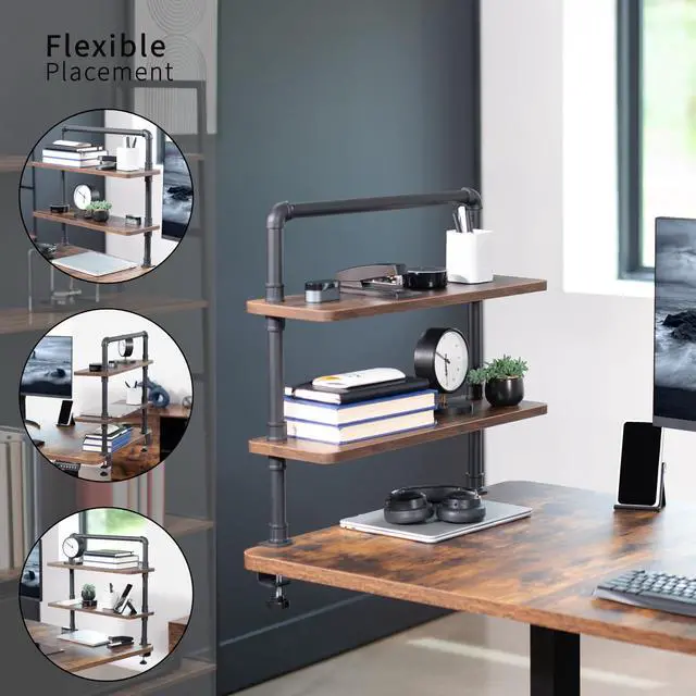 Alt view image 4 of 7 - Clamp-on Premium 24 inch Industrial Pipe 2-Tier Tabletop Shelving, Heavy Duty Desk Extension Organizer, Modern Desktop Display Shelf, Rustic Vintage Brown Shelves, DESK-SHELF24-2N