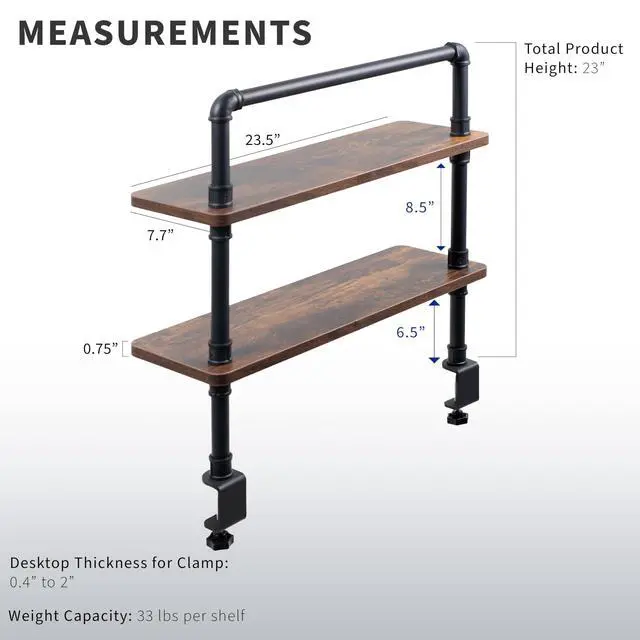 Alt view image 3 of 7 - Clamp-on Premium 24 inch Industrial Pipe 2-Tier Tabletop Shelving, Heavy Duty Desk Extension Organizer, Modern Desktop Display Shelf, Rustic Vintage Brown Shelves, DESK-SHELF24-2N