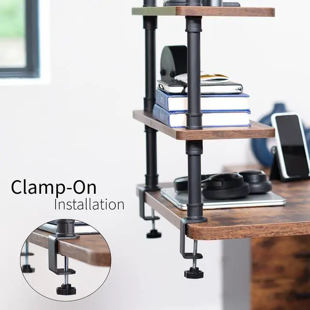 Alt view image 5 of 7 - Clamp-on Premium 24 inch Industrial Pipe 2-Tier Tabletop Shelving, Heavy Duty Desk Extension Organizer, Modern Desktop Display Shelf, Rustic Vintage Brown Shelves, DESK-SHELF24-2N
