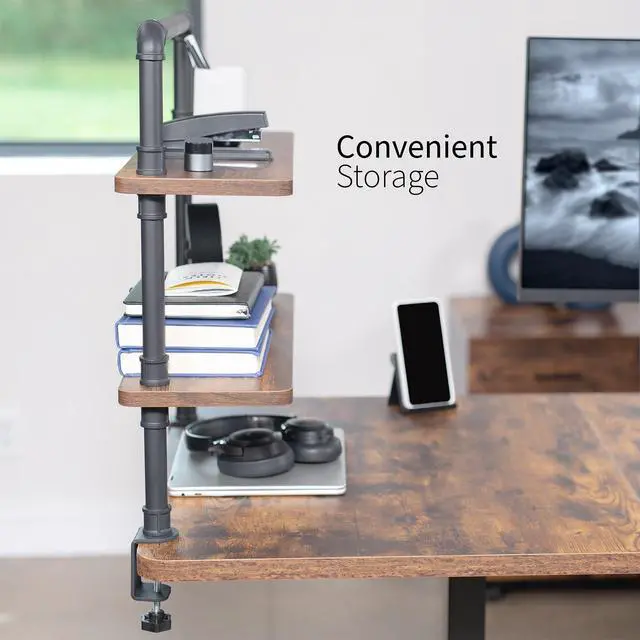 Alt view image 7 of 7 - Clamp-on Premium 24 inch Industrial Pipe 2-Tier Tabletop Shelving, Heavy Duty Desk Extension Organizer, Modern Desktop Display Shelf, Rustic Vintage Brown Shelves, DESK-SHELF24-2N