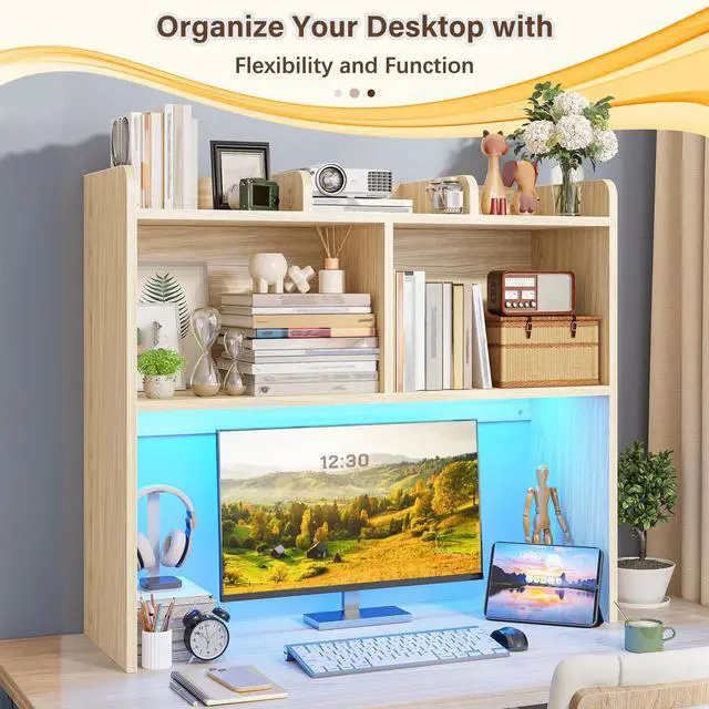 Alt view image 4 of 7 - 3 Tier Desk Hutch, 6 Shelves to Storage, Wood Color | Fits 27" Monitors, Space-Saving Desk Organizer for Dorm & Home Office