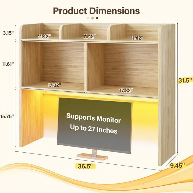 Alt view image 3 of 7 - 3 Tier Desk Hutch, 6 Shelves to Storage, Wood Color | Fits 27" Monitors, Space-Saving Desk Organizer for Dorm & Home Office