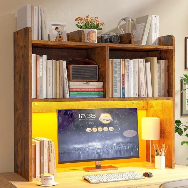 Main image of 3 Tier Desk Hutch, 6 Shelves to Storage, Rustic Brown | Fits 27" Monitors, Space-Saving Desk Organizer for Dorm & Home Office