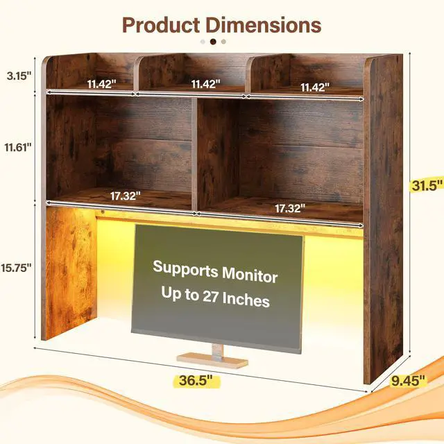 Alt view image 2 of 7 - 3 Tier Desk Hutch, 6 Shelves to Storage, Rustic Brown | Fits 27" Monitors, Space-Saving Desk Organizer for Dorm & Home Office