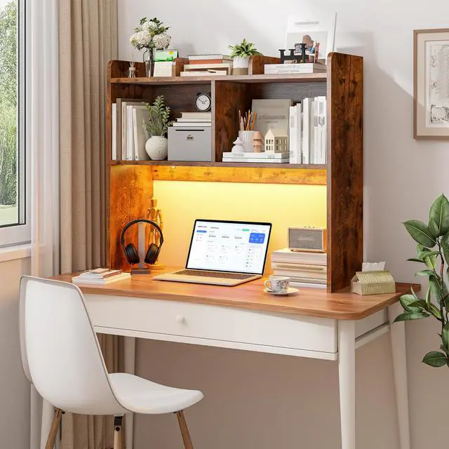 Alt view image 7 of 7 - 3 Tier Desk Hutch, 6 Shelves to Storage, Rustic Brown | Fits 27" Monitors, Space-Saving Desk Organizer for Dorm & Home Office