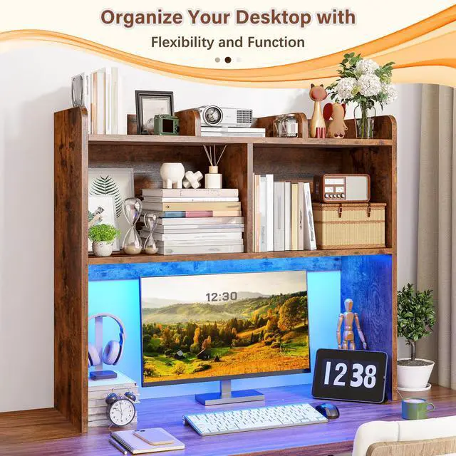 Alt view image 4 of 7 - 3 Tier Desk Hutch, 6 Shelves to Storage, Rustic Brown | Fits 27" Monitors, Space-Saving Desk Organizer for Dorm & Home Office