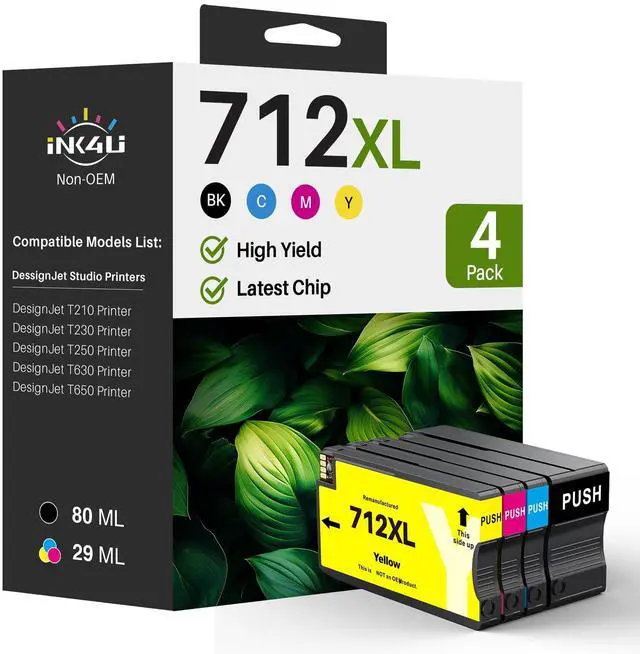 Main image of 712XL 712 Ink Cartridges High Yield for HP DesignJet T210 T650 T630 Printer | for HP DesignJet T250 T230 Printer for 712 DesignJet Ink Cartridge Black and Color (4 Pack, 1BK/1C/1M/1Y)