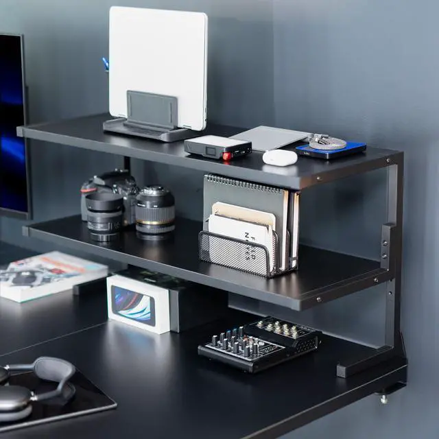 Alt view image 4 of 7 - Black Clamp-on 30 inch 2-Tier Desk Shelf, STAND-SHELF30C | Above or Below Desk, 2 Level Shelving Unit for Table Accessories, Gaming Devices, and More, Storage Tray, Desktop Organizer