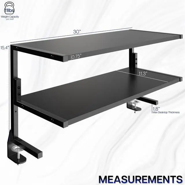 Alt view image 3 of 7 - Black Clamp-on 30 inch 2-Tier Desk Shelf, STAND-SHELF30C | Above or Below Desk, 2 Level Shelving Unit for Table Accessories, Gaming Devices, and More, Storage Tray, Desktop Organizer