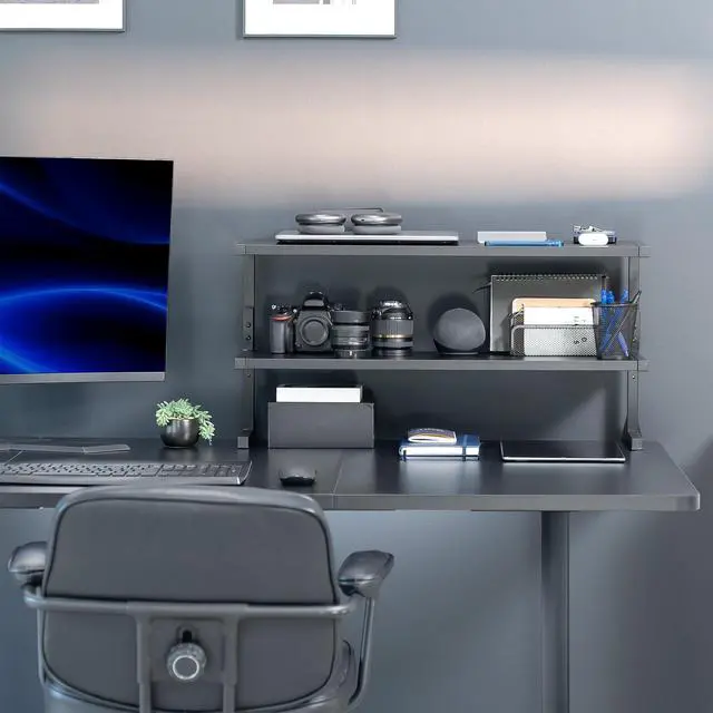 Alt view image 2 of 7 - Black Clamp-on 30 inch 2-Tier Desk Shelf, STAND-SHELF30C | Above or Below Desk, 2 Level Shelving Unit for Table Accessories, Gaming Devices, and More, Storage Tray, Desktop Organizer