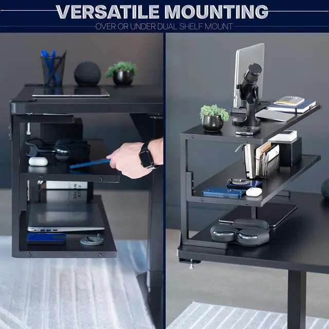 Alt view image 5 of 7 - Black Clamp-on 30 inch 2-Tier Desk Shelf, STAND-SHELF30C | Above or Below Desk, 2 Level Shelving Unit for Table Accessories, Gaming Devices, and More, Storage Tray, Desktop Organizer