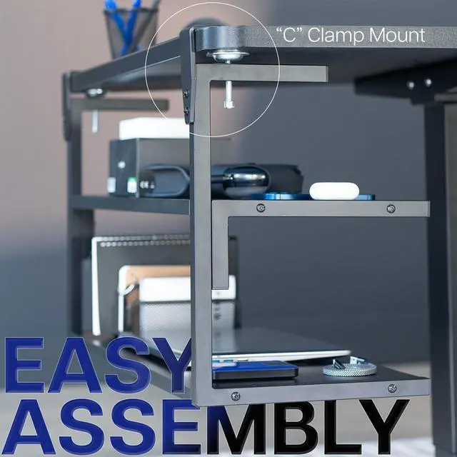 Alt view image 6 of 7 - Black Clamp-on 30 inch 2-Tier Desk Shelf, STAND-SHELF30C | Above or Below Desk, 2 Level Shelving Unit for Table Accessories, Gaming Devices, and More, Storage Tray, Desktop Organizer
