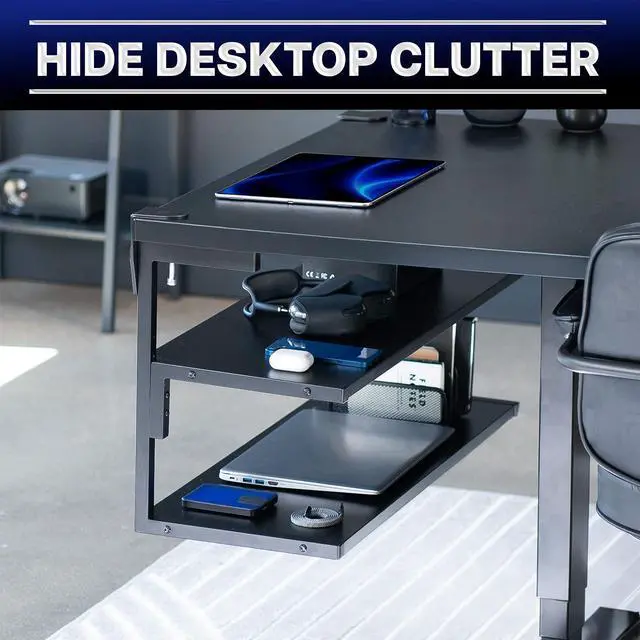 Alt view image 7 of 7 - Black Clamp-on 30 inch 2-Tier Desk Shelf, STAND-SHELF30C | Above or Below Desk, 2 Level Shelving Unit for Table Accessories, Gaming Devices, and More, Storage Tray, Desktop Organizer