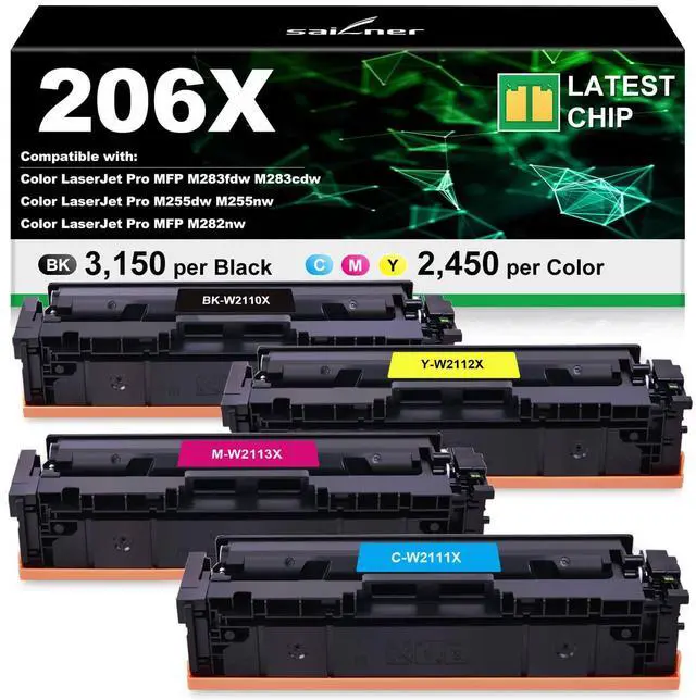 Main image of 206X Toner Cartridges 4 Pack High Yield (with Chip) Compatible Replacement for HP 206X 206A for HP Color LaserJet Pro M255dw M255nw MFP M283fdw M283cdw M282nw M283fdn Printer - BCMY, W2110X W2110A