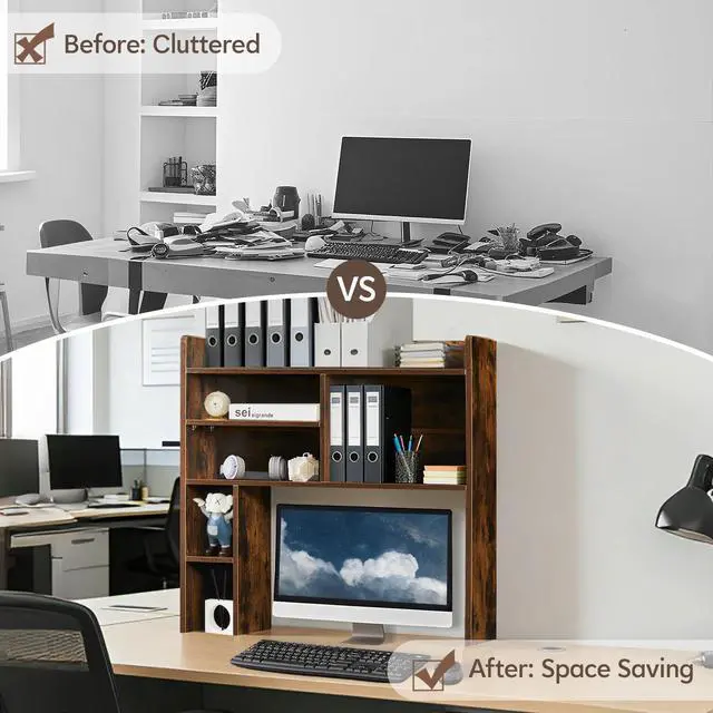 Alt view image 5 of 7 - Desktop Bookshelf, Countertop Storage Hutch with 7 Shelves for Computer Desk, 35.4'' 3-Tier Display Rack, Multipurpose Wooden Desk Hutch Storage Organizer for Home Office Dorm, Brown