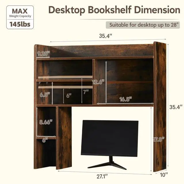 Alt view image 2 of 7 - Desktop Bookshelf, Countertop Storage Hutch with 7 Shelves for Computer Desk, 35.4'' 3-Tier Display Rack, Multipurpose Wooden Desk Hutch Storage Organizer for Home Office Dorm, Brown