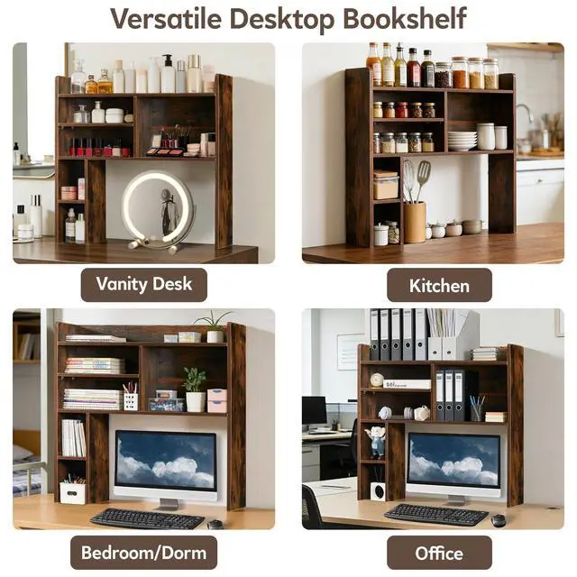 Alt view image 6 of 7 - Desktop Bookshelf, Countertop Storage Hutch with 7 Shelves for Computer Desk, 35.4'' 3-Tier Display Rack, Multipurpose Wooden Desk Hutch Storage Organizer for Home Office Dorm, Brown