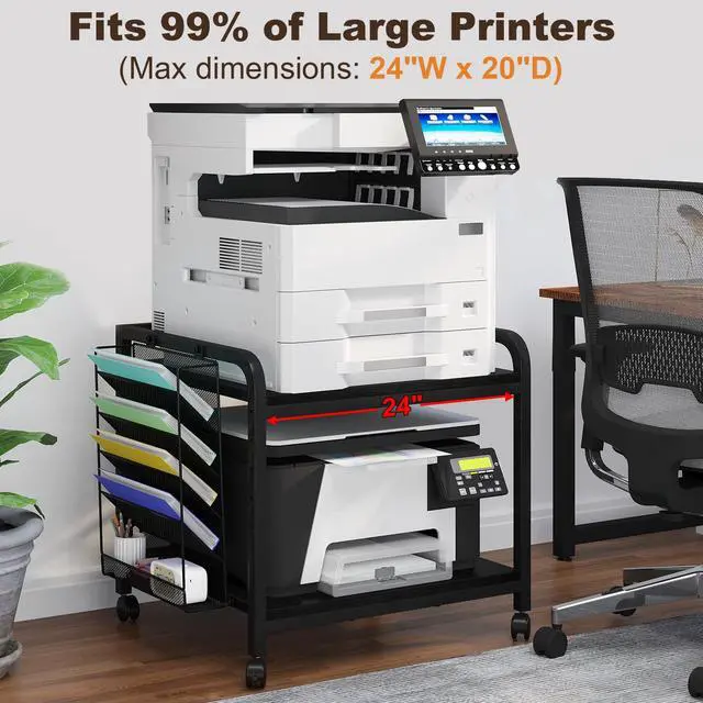 Alt view image 2 of 7 - 24"x20" Large Printer Stand with Hanging File Holder Organizer, Adjustable Height Shelf with Wheels, Under Desk Table with Storage for Printer Scanner Fax Home Office Use Black