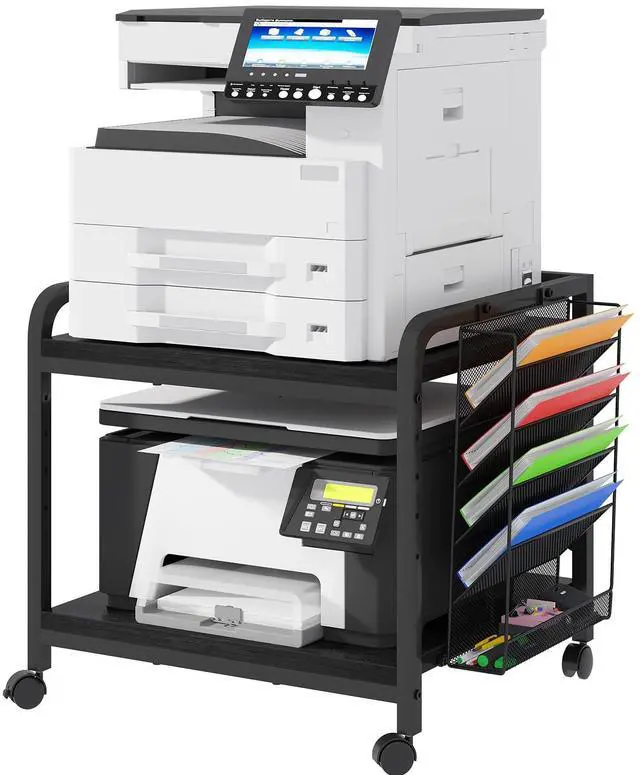 Main image of 24"x20" Large Printer Stand with Hanging File Holder Organizer, Adjustable Height Shelf with Wheels, Under Desk Table with Storage for Printer Scanner Fax Home Office Use Black