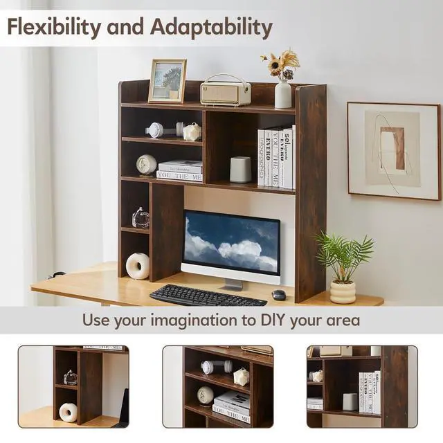 Alt view image 7 of 7 - Desktop Bookshelf, Countertop Storage Hutch with 7 Shelves for Computer Desk, 35.4'' 3-Tier Display Rack, Multipurpose Wooden Desk Hutch Storage Organizer for Home Office Dorm, Brown