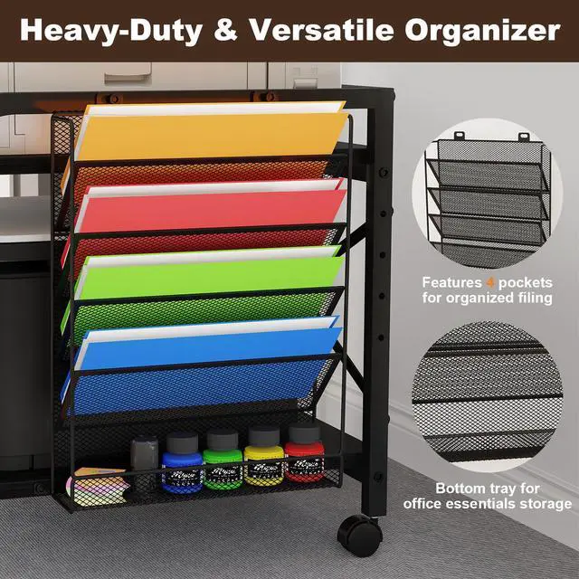 Alt view image 3 of 7 - 24"x20" Large Printer Stand with Hanging File Holder Organizer, Adjustable Height Shelf with Wheels, Under Desk Table with Storage for Printer Scanner Fax Home Office Use Black
