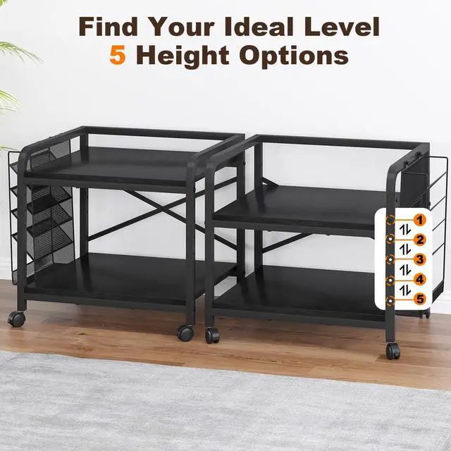 Alt view image 4 of 7 - 24"x20" Large Printer Stand with Hanging File Holder Organizer, Adjustable Height Shelf with Wheels, Under Desk Table with Storage for Printer Scanner Fax Home Office Use Black