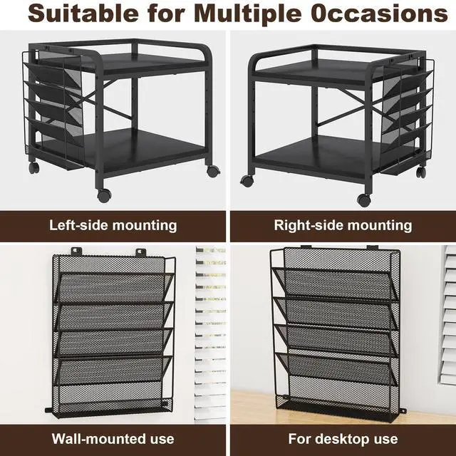 Alt view image 6 of 7 - 24"x20" Large Printer Stand with Hanging File Holder Organizer, Adjustable Height Shelf with Wheels, Under Desk Table with Storage for Printer Scanner Fax Home Office Use Black