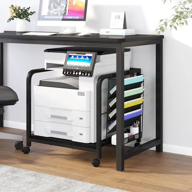 Alt view image 7 of 7 - 24"x20" Large Printer Stand with Hanging File Holder Organizer, Adjustable Height Shelf with Wheels, Under Desk Table with Storage for Printer Scanner Fax Home Office Use Black