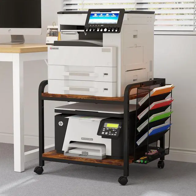 Main image of 24"x20" Large Printer Stand with Hanging File Holder Organizer, Adjustable Height Shelf with Wheels, Under Desk Table with Storage for Printer Scanner Fax Home Office Use Rustic Brown