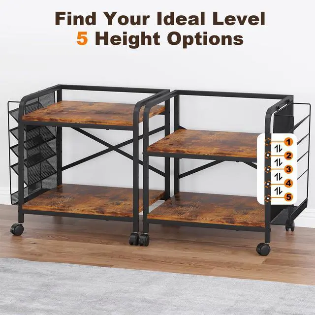 Alt view image 4 of 7 - 24"x20" Large Printer Stand with Hanging File Holder Organizer, Adjustable Height Shelf with Wheels, Under Desk Table with Storage for Printer Scanner Fax Home Office Use Rustic Brown