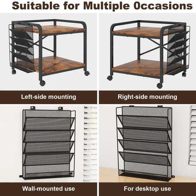 Alt view image 6 of 7 - 24"x20" Large Printer Stand with Hanging File Holder Organizer, Adjustable Height Shelf with Wheels, Under Desk Table with Storage for Printer Scanner Fax Home Office Use Rustic Brown