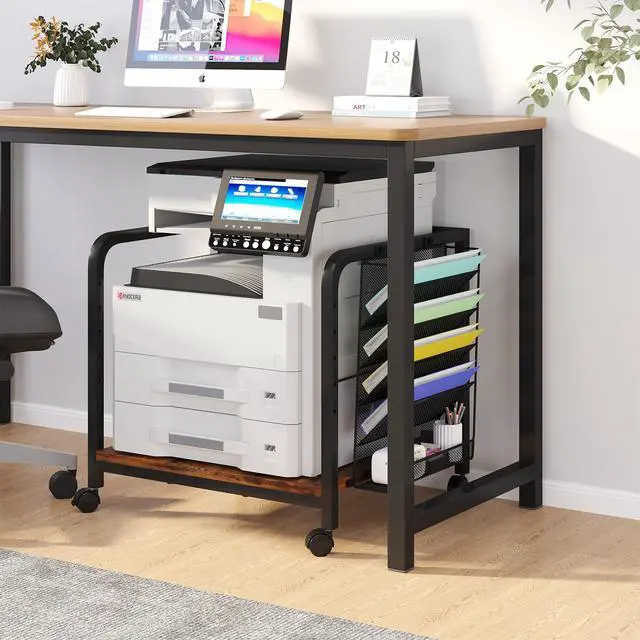 Alt view image 7 of 7 - 24"x20" Large Printer Stand with Hanging File Holder Organizer, Adjustable Height Shelf with Wheels, Under Desk Table with Storage for Printer Scanner Fax Home Office Use Rustic Brown