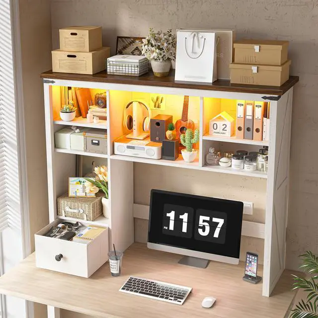 Main image of Farmhouse Desk Shelf, Adjustable Shelf with LED for Dorm & Office | Students & Remote Workers, Drawer & 8 Shelves, Adjustable Organizes Desktop