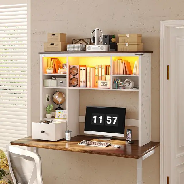 Alt view image 4 of 7 - Farmhouse Desk Shelf, Adjustable Shelf with LED for Dorm & Office | Students & Remote Workers, Drawer & 8 Shelves, Adjustable Organizes Desktop