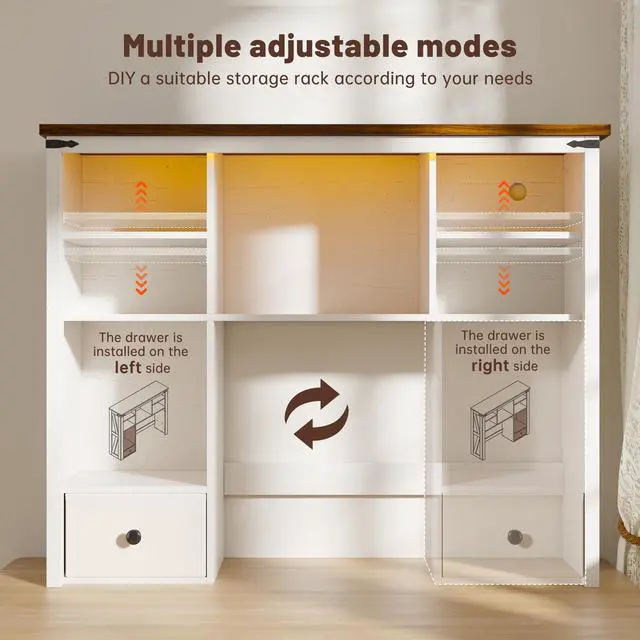 Alt view image 5 of 7 - Farmhouse Desk Shelf, Adjustable Shelf with LED for Dorm & Office | Students & Remote Workers, Drawer & 8 Shelves, Adjustable Organizes Desktop
