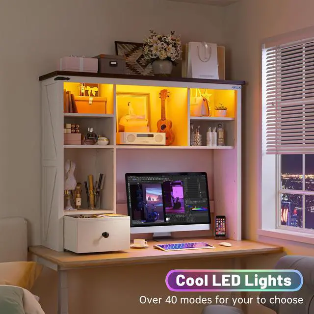 Alt view image 3 of 7 - Farmhouse Desk Shelf, Adjustable Shelf with LED for Dorm & Office | Students & Remote Workers, Drawer & 8 Shelves, Adjustable Organizes Desktop