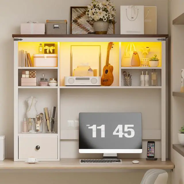 Alt view image 7 of 7 - Farmhouse Desk Shelf, Adjustable Shelf with LED for Dorm & Office | Students & Remote Workers, Drawer & 8 Shelves, Adjustable Organizes Desktop