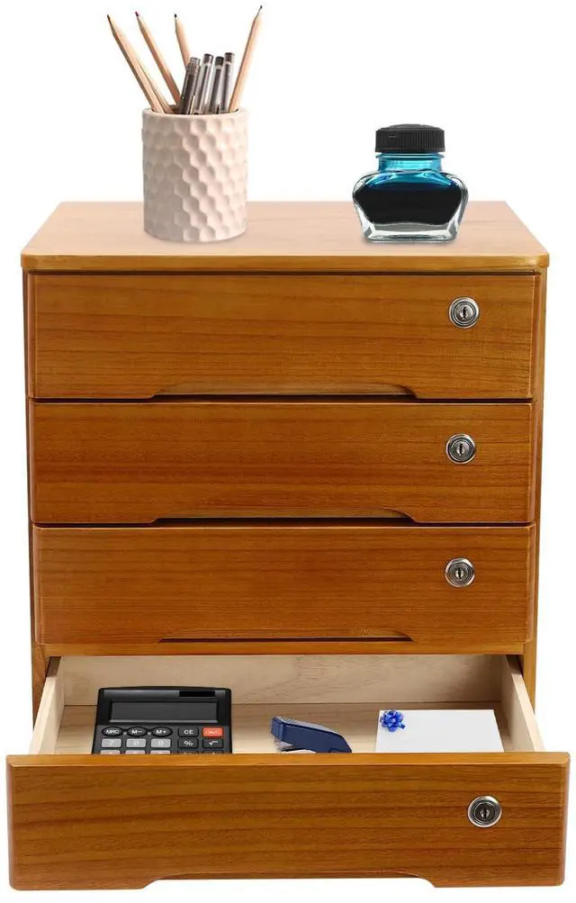 Main image of 4 Drawers Wooden Desktop Storage Box W/Lockable Drawers,16 In H Office Supplies File Organizer, Flat File Cabinet,Wood Rail & Curved Handle For Dresser Tabletop. (Wood Yellow)