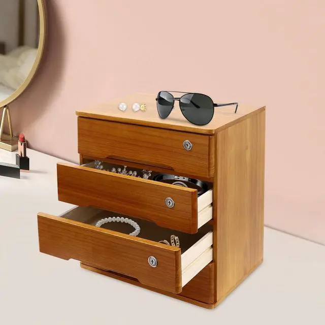 Alt view image 2 of 7 - 4 Drawers Wooden Desktop Storage Box W/Lockable Drawers,16 In H Office Supplies File Organizer, Flat File Cabinet,Wood Rail & Curved Handle For Dresser Tabletop. (Wood Yellow)