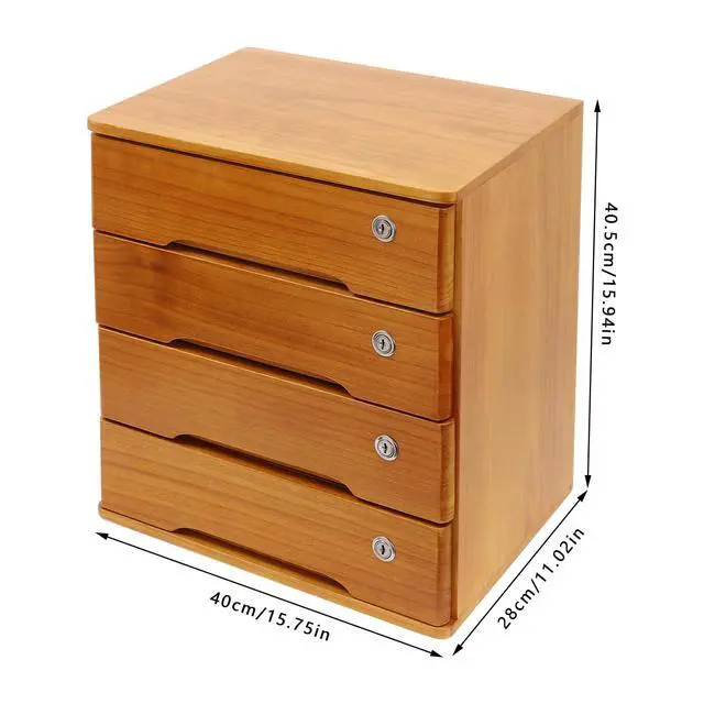Alt view image 3 of 7 - 4 Drawers Wooden Desktop Storage Box W/Lockable Drawers,16 In H Office Supplies File Organizer, Flat File Cabinet,Wood Rail & Curved Handle For Dresser Tabletop. (Wood Yellow)