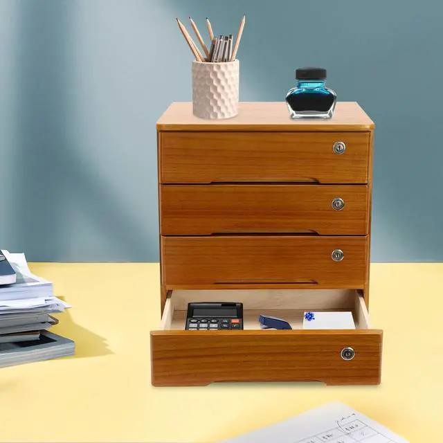 Alt view image 4 of 7 - 4 Drawers Wooden Desktop Storage Box W/Lockable Drawers,16 In H Office Supplies File Organizer, Flat File Cabinet,Wood Rail & Curved Handle For Dresser Tabletop. (Wood Yellow)