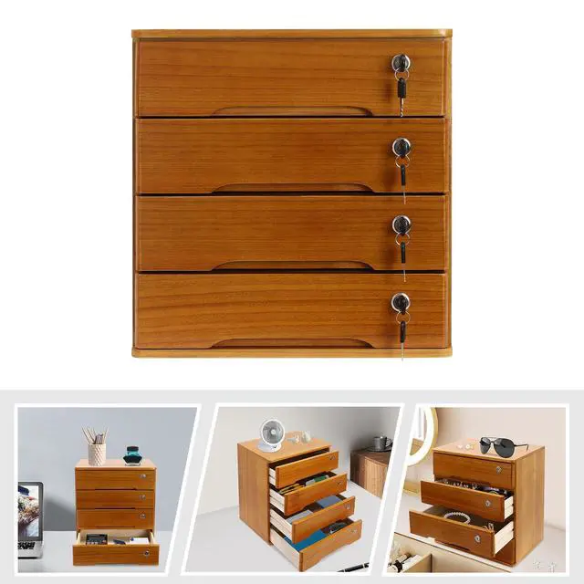 Alt view image 6 of 7 - 4 Drawers Wooden Desktop Storage Box W/Lockable Drawers,16 In H Office Supplies File Organizer, Flat File Cabinet,Wood Rail & Curved Handle For Dresser Tabletop. (Wood Yellow)