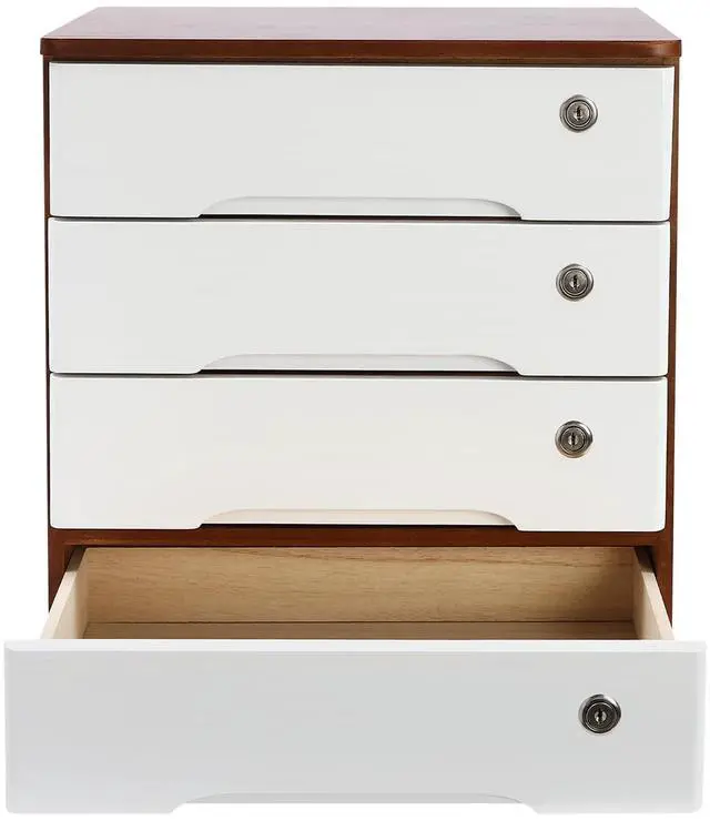 Main image of 4 Drawers Wooden Desktop Storage Box W/Lockable Drawers,16 In H Office Supplies File Organizer, Flat File Cabinet,Wood Rail & Curved Handle For Dresser Tabletop. (Walnut + White)