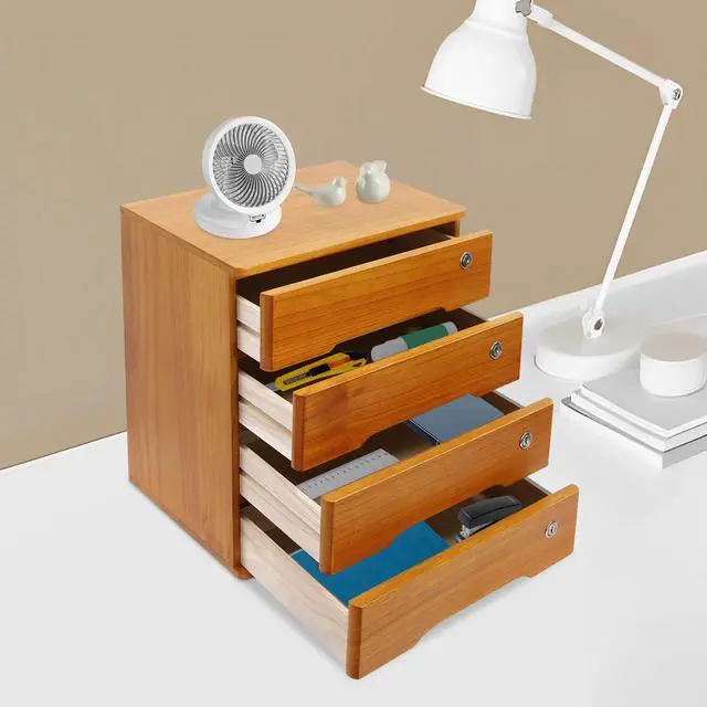 Alt view image 5 of 7 - 4 Drawers Wooden Desktop Storage Box W/Lockable Drawers,16 In H Office Supplies File Organizer, Flat File Cabinet,Wood Rail & Curved Handle For Dresser Tabletop. (Wood Yellow)