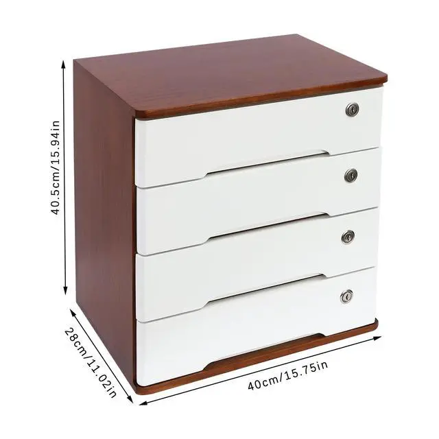 Alt view image 3 of 7 - Wood Desk Organizer with 4 Drawers, Lockable Desktop Countertop Storage Cabinet for Home Office Supplies File Tabletop Storage Box, 15.75" x 11.02" x 15.94" (Dark Brown + White)