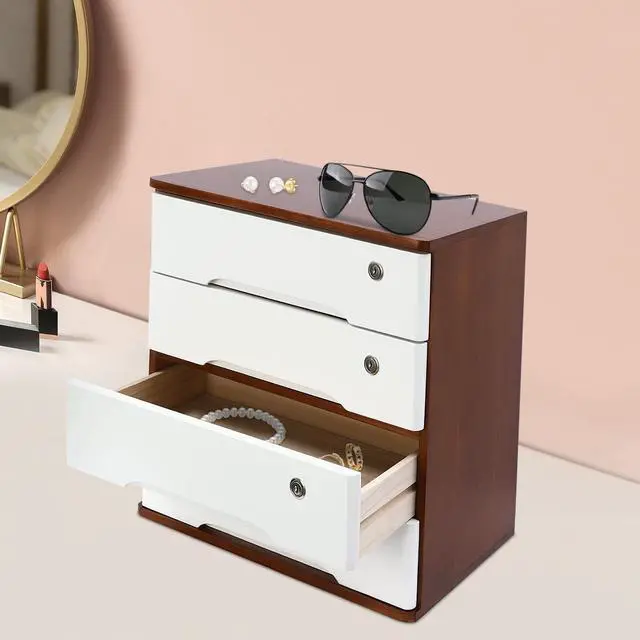 Alt view image 2 of 7 - 4 Drawers Wooden Desktop Storage Box W/Lockable Drawers,16 In H Office Supplies File Organizer, Flat File Cabinet,Wood Rail & Curved Handle For Dresser Tabletop. (Walnut + White)
