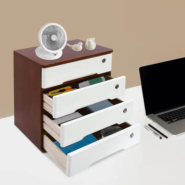 Alt view image 5 of 7 - 4 Drawers Wooden Desktop Storage Box W/Lockable Drawers,16 In H Office Supplies File Organizer, Flat File Cabinet,Wood Rail & Curved Handle For Dresser Tabletop. (Walnut + White)