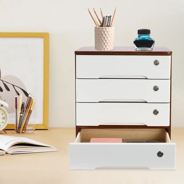 Alt view image 4 of 7 - 4 Drawers Wooden Desktop Storage Box W/Lockable Drawers,16 In H Office Supplies File Organizer, Flat File Cabinet,Wood Rail & Curved Handle For Dresser Tabletop. (Walnut + White)