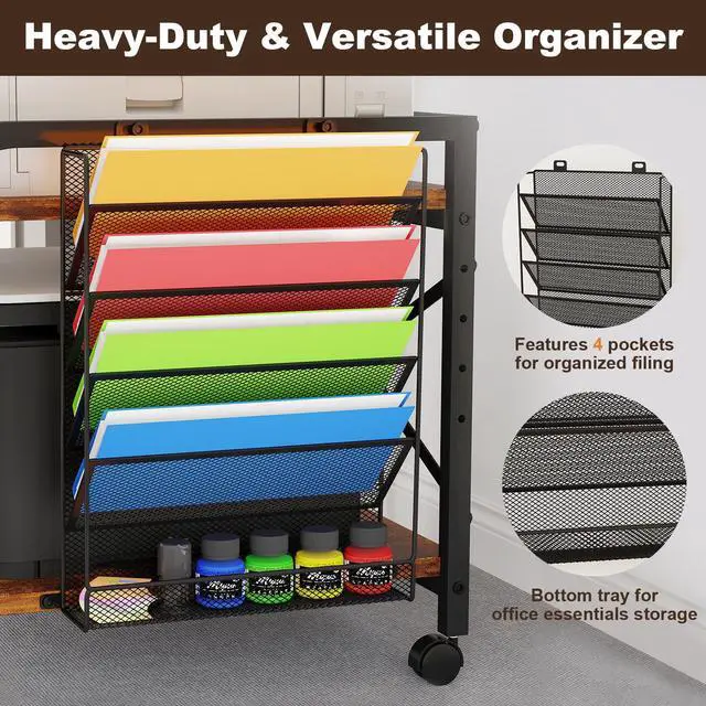 Alt view image 3 of 7 - 24"x20" Large Printer Stand with Hanging File Holder Organizer, Adjustable Height Shelf with Wheels, Under Desk Table with Storage for Printer Scanner Fax Home Office Use Rustic Brown